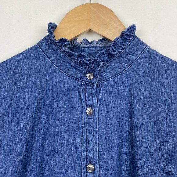 J.Crew S Denim Shirt Ruffleneck Chambray Blue Classic Fit - Picture 1 of 12
